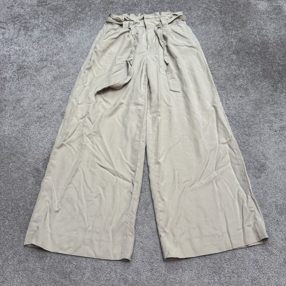 Banana Republic Paperbag Wide Leg Pants Womens 4P Beige Tencel Belted Pleated